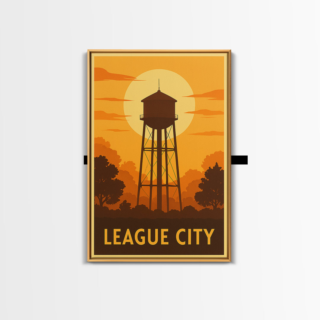 League City Travel Poster, Framed Canvas Print, Vintage Deco Wall Art, League City Travel Art, Vintage Travel Print, Vintage City Art
