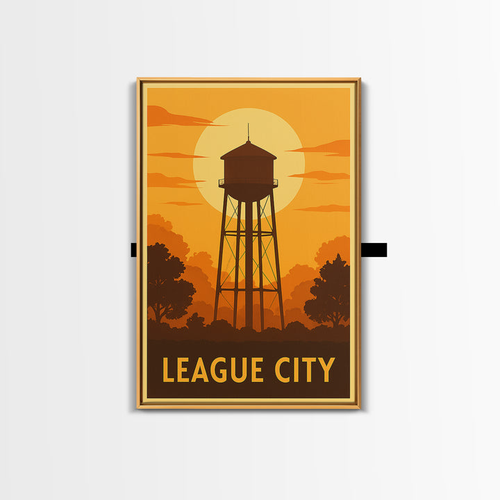 League City Travel Poster, Framed Canvas Print, Vintage Deco Wall Art, League City Travel Art, Vintage Travel Print, Vintage City Art