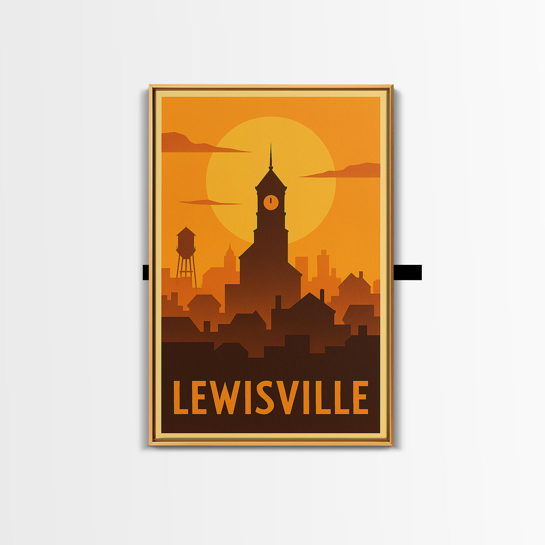 Lewisville Travel Poster, Canvas Print, Warm Sunset Silhouette Art, Lewisville Wall Art, Travel Wall Art, Watercolor City Skyline