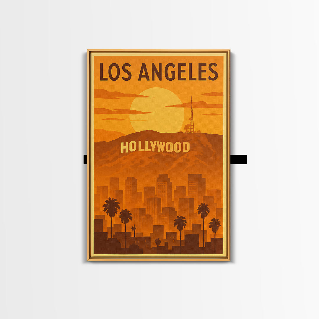 Los Angeles California Travel Poster, Canvas Print, Warm Sunset Silhouette Art, Los Angeles Art Print, City Travel Prints, Wanderlust Decor