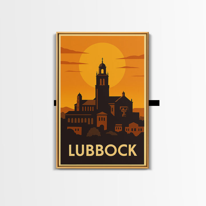 Lubbock Travel Poster, Framed Canvas Print, Warm Sunset Silhouette Art, Lubbock Wall Art, Vintage City Poster, Vintage City Art