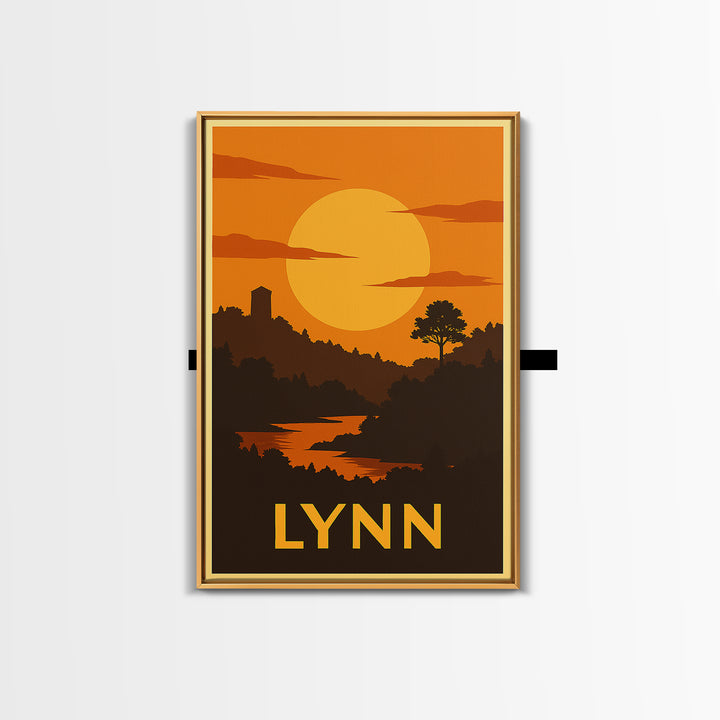 Lynn Travel Poster, Framed Canvas Print, Gold Art Deco Poster Art, Lynn City Art, Watercolor Skyline Art, City Travel Prints, Poster Print