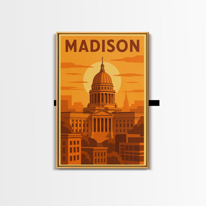 Madison Wisconsin Travel Poster, Framed Canvas Print, Gold Art Deco Poster Art, Madison Travel Art, Modern Wall Decor, City Illustration