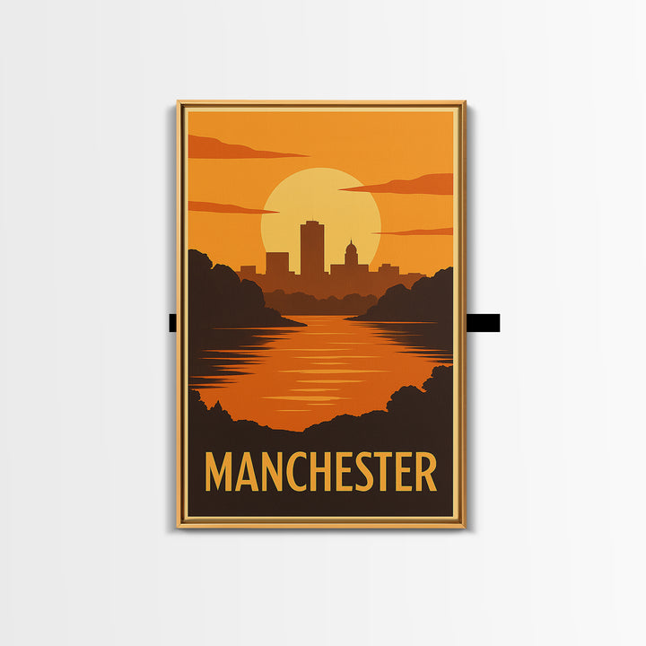 Manchester Travel Poster, Framed Canvas Print, Gold Art Deco Poster Art, Manchester City Art, Travel Poster Art, Watercolor Skyline