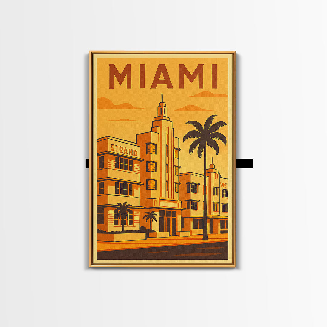 Miami Florida Travel Poster, Framed Canvas Print, Gold Art Deco Poster Art, Miami Travel Art, Home Office Decor, Living Room Wall Art