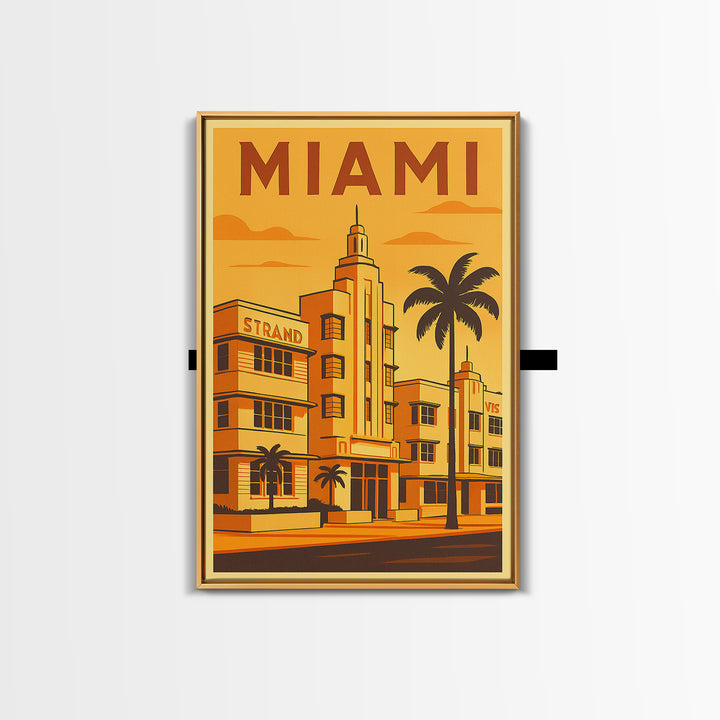 Miami Florida Travel Poster, Framed Canvas Print, Gold Art Deco Poster Art, Miami Travel Art, Home Office Decor, Living Room Wall Art