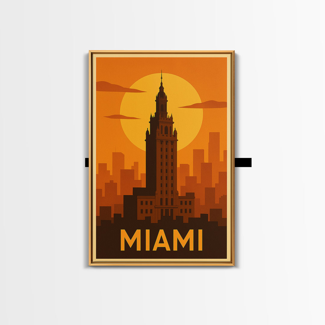 Miami Travel Poster, Framed Canvas Print, Warm Sunset Silhouette Art, Miami Poster Print, Fine Art Print, City Art Print, Vintage Travel Art