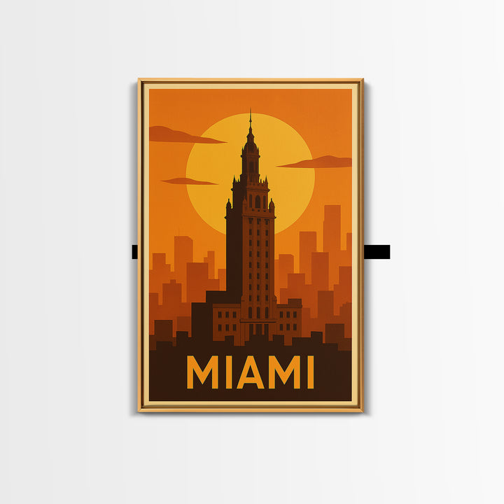 Miami Travel Poster, Framed Canvas Print, Warm Sunset Silhouette Art, Miami Poster Print, Fine Art Print, City Art Print, Vintage Travel Art