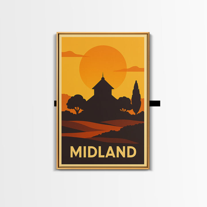 Midland Travel Poster, Framed Canvas Print, Warm Sunset Silhouette Art, Midland Wall Art, Travel Wall Decor, Travel Wall Art, Poster Art