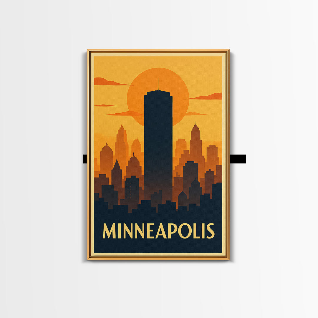Minneapolis Travel Poster, Framed Canvas Print, Warm Sunset Silhouette Art, Minneapolis Art Print, Eclectic Wall Decor, City Travel Prints