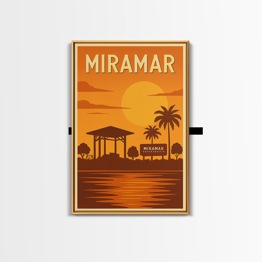 Miramar Florida Travel Poster, Framed Canvas Print, Golden Travel Poster Art, Miramar Poster Print, Modern Wall Decor, Fine Art Print