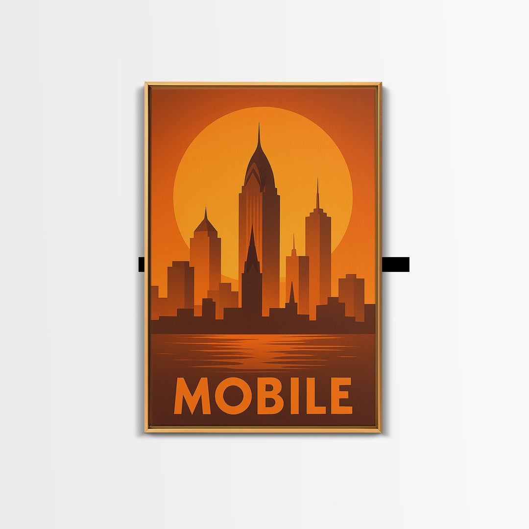 Mobile Travel Poster, Framed Canvas Print, Golden Travel Poster Art, Mobile Art Print, Travel Art Print, Mid Century Wall Art, Design 2