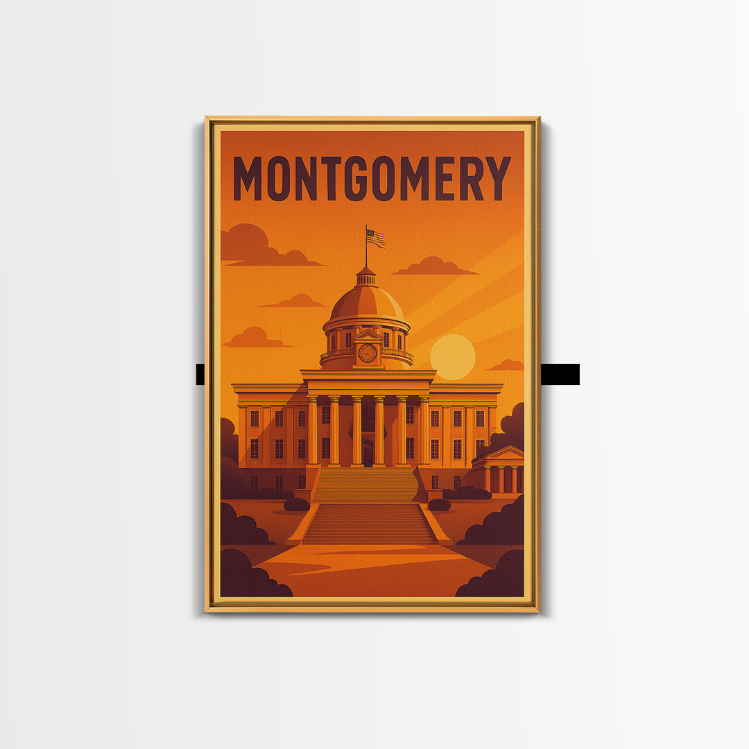 Montgomery Alabama Travel Poster, Canvas Print, Golden Travel Poster Art, Montgomery Travel Art, City Travel Prints, Travel Wall Decor