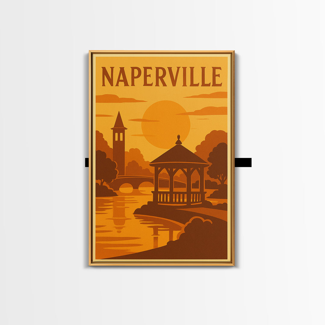 Naperville Illinois Travel Poster, Canvas Print, Golden Travel Poster Art, Naperville City Art, Gift For Travelers, Vintage Travel Art