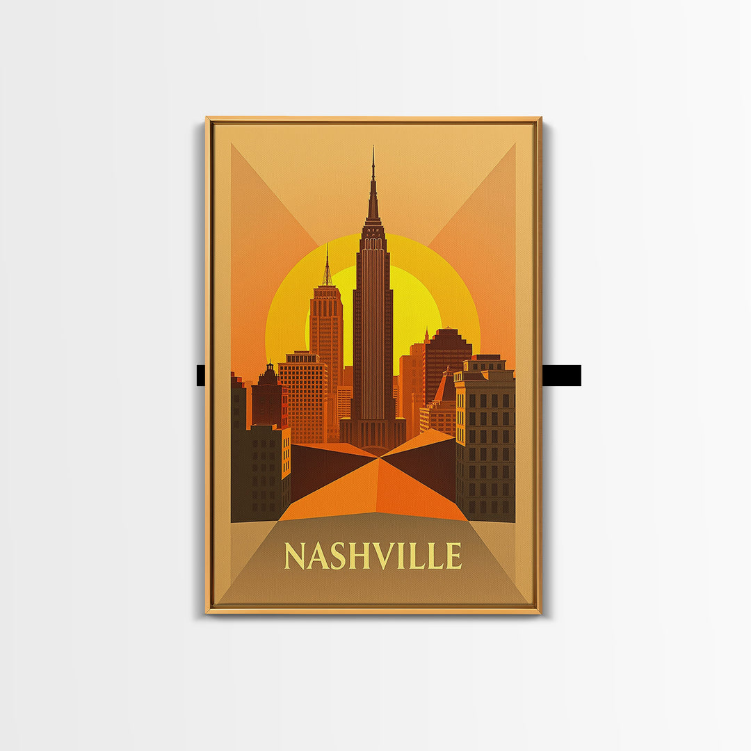 Nashville Tennessee Travel Poster, Framed Canvas Print, Gold Art Deco Poster Art, Nashville City Art, City Art Print, Living Room Wall Art