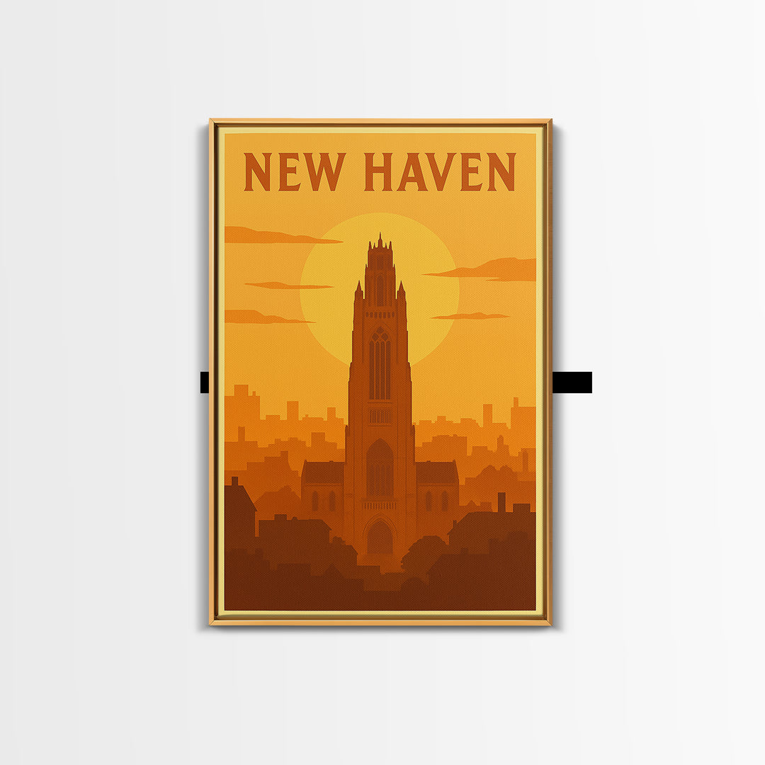 New Haven Connecticut Travel Poster, Framed Canvas Print, Gold Art Deco Poster Art, New Haven City Art, Travel Wall Art, Vintage City Poster