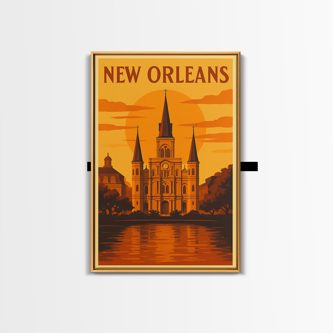 New Orleans Travel Poster, Framed Canvas Print, Golden Travel Poster Art, New Orleans Art Print, Travel Wall Art, City Art Print