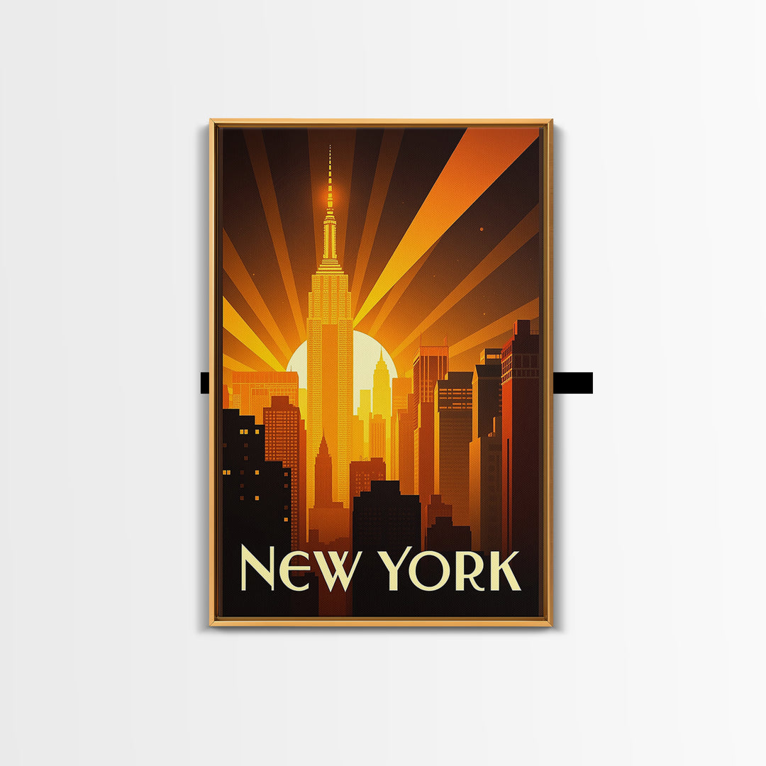 New York Travel Poster, Framed Canvas Print, Golden Travel Poster Art, New York Wall Art, Vintage Travel Art, Vintage City Poster