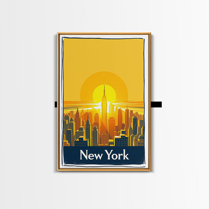 New York Travel Poster, Framed Canvas Print, Golden Travel Poster Art, New York Art Print, City Travel Prints, Watercolor Skyline