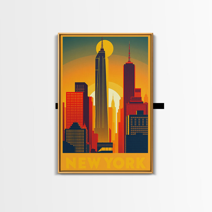 New York Travel Poster, Framed Canvas Print, Golden Travel Poster Art, New York Art Print, Vintage City Art, City Illustration