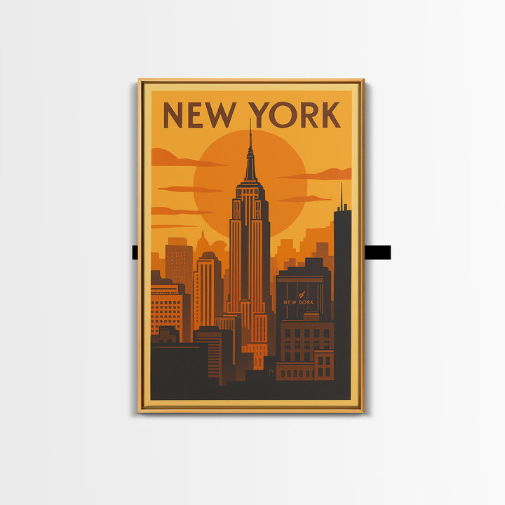 New York Travel Poster, Canvas Print, Warm Sunset Silhouette Art, New York Travel Art, Mid Century Wall Art, Modern Wall Decor