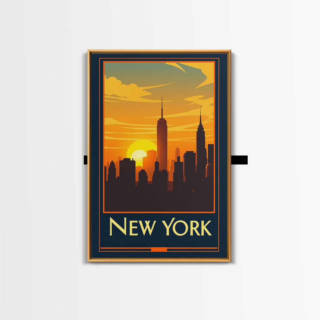 New York Travel Poster, Canvas Print, Warm Sunset Silhouette Art, New York Travel Art, Vintage Travel Art, Mid Century Wall Art