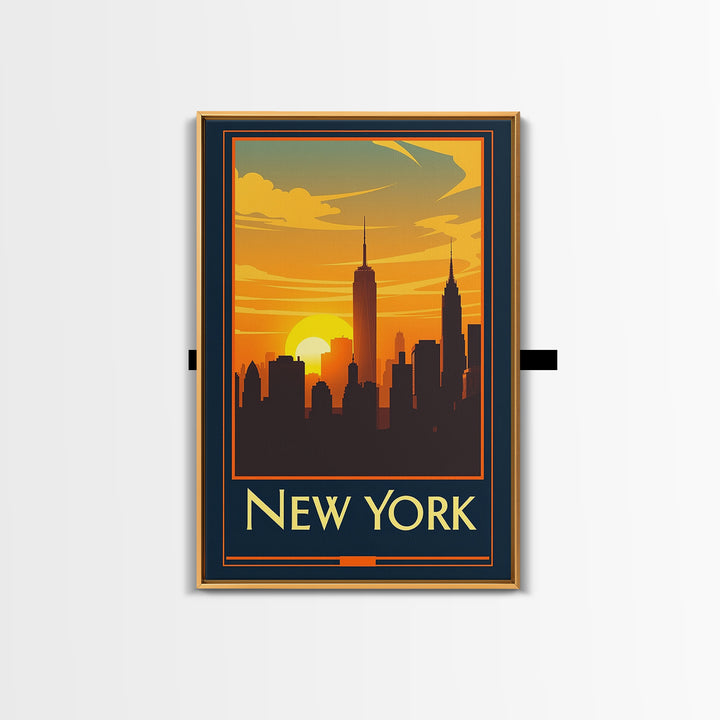 New York Travel Poster, Canvas Print, Warm Sunset Silhouette Art, New York Travel Art, Vintage Travel Art, Mid Century Wall Art