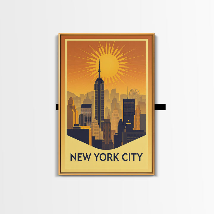 New York Travel Poster, Framed Canvas Print, Warm Sunset Silhouette Art, New York City Art, Travel Poster Set, Mid Century Wall Art