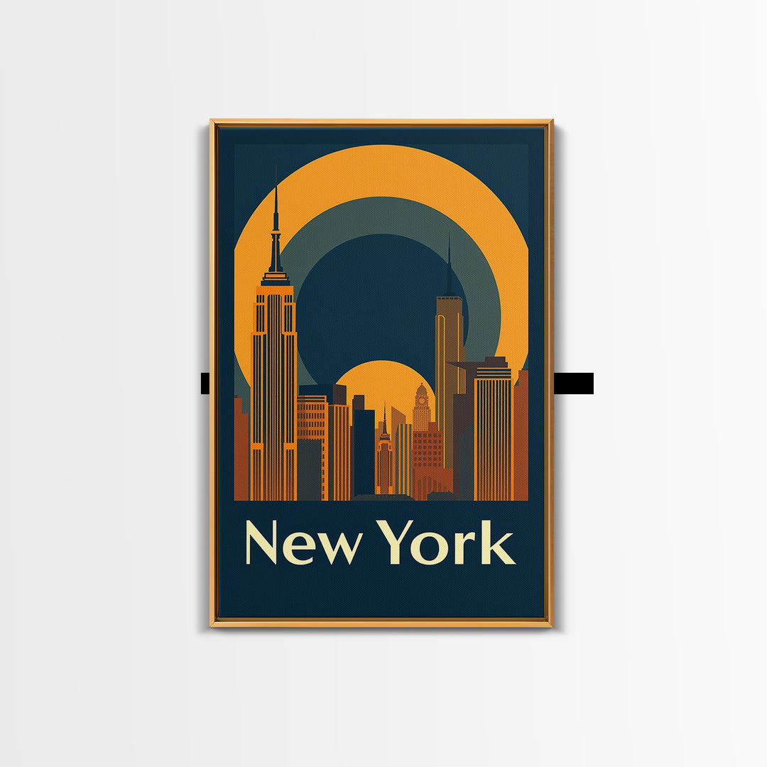 New York Travel Poster, Framed Canvas Print, Warm Sunset Silhouette Art, New York Poster Print, Vintage City Poster, City Travel Prints