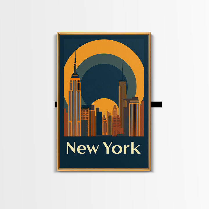New York Travel Poster, Framed Canvas Print, Warm Sunset Silhouette Art, New York Poster Print, Vintage City Poster, City Travel Prints