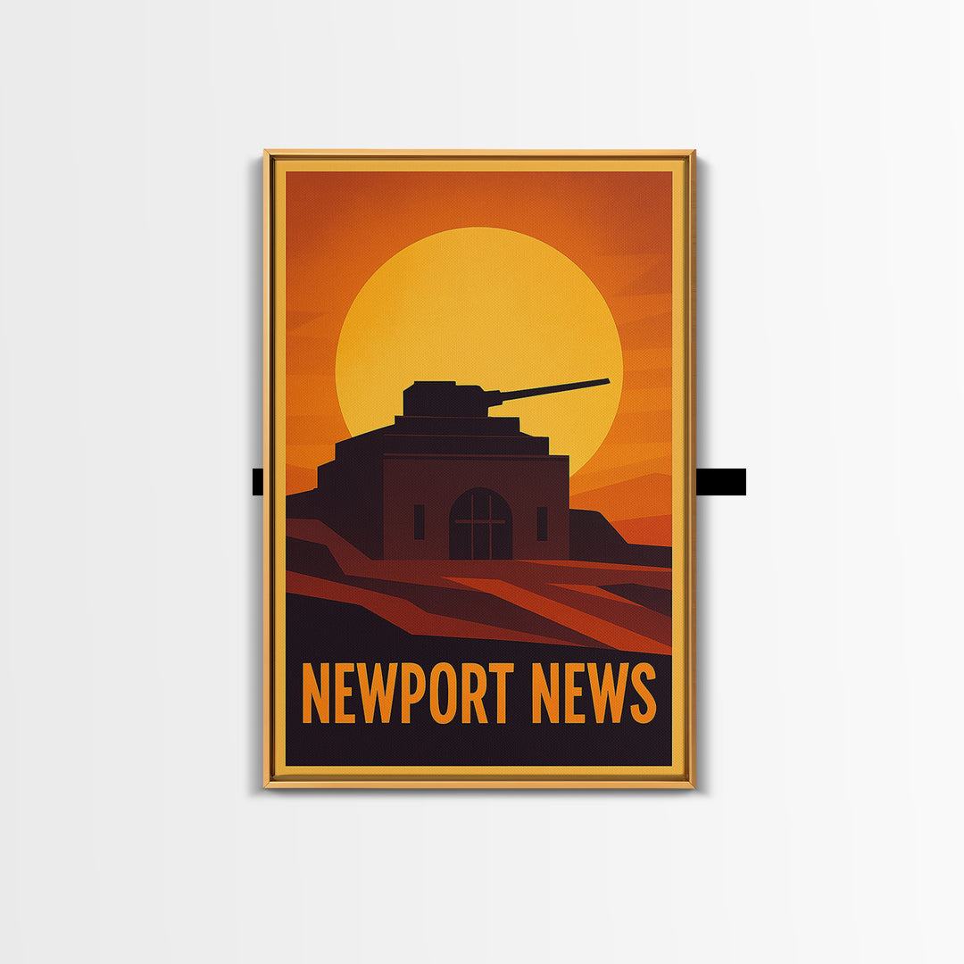 Newport News Travel Poster, Framed Canvas Print, Warm Sunset Silhouette Art, Newport News City Art, Travel Wall Decor, City Illustration