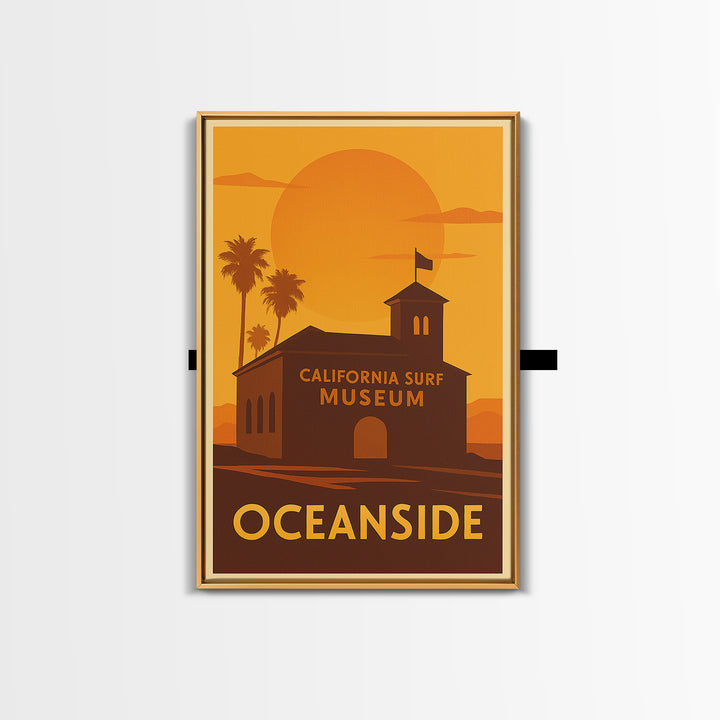 Oceanside Travel Poster, Framed Canvas Print, Warm Sunset Silhouette Art, Oceanside Travel Art, Vintage City Poster, Travel Poster Art