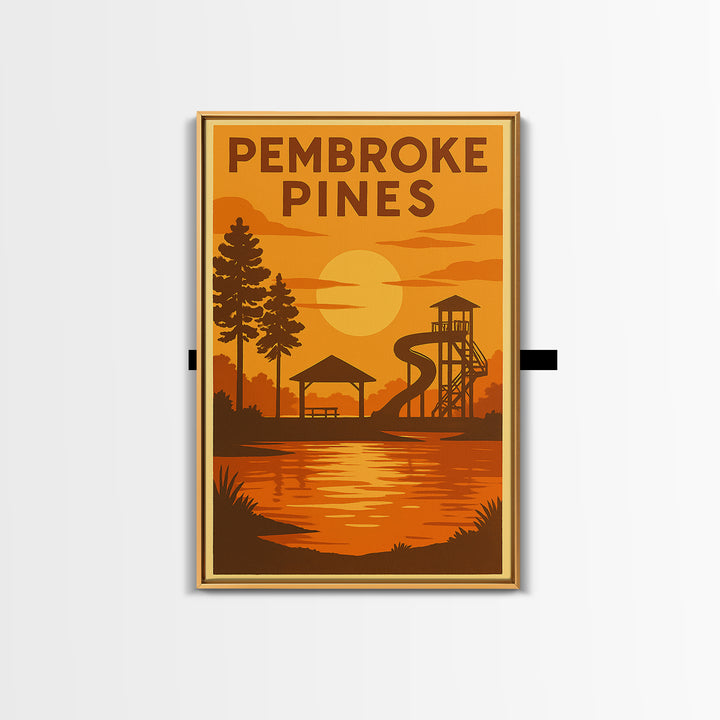 Pembroke Pines Florida Travel Poster, Canvas Print, Warm Sunset Silhouette Art, Pembroke Pines Wall Art, Retro Travel Print, City Poster