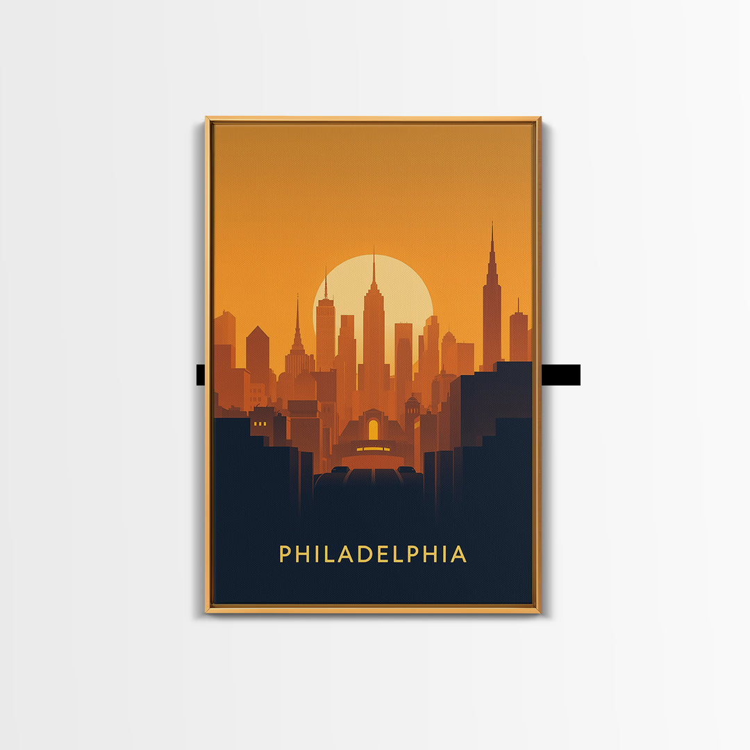 Philadelphia Travel Poster, Framed Canvas Print, Warm Sunset Silhouette Art, Philadelphia Travel Art, Modern Wall Decor, Travel Wall Art