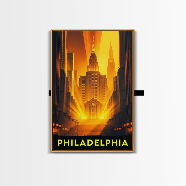 Philadelphia Travel Poster, Framed Canvas Print, Gold Art Deco Poster Art, Philadelphia City Art, Travel Art Print, Vintage City Poster