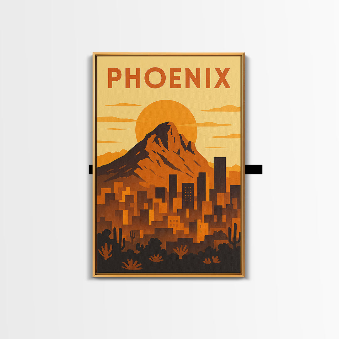 Phoenix Arizona Travel Poster, Framed Canvas Print, Gold Art Deco Poster Art, Phoenix Poster Print, City Travel Prints, Watercolor Skyline