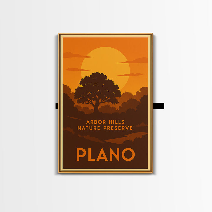 Plano Travel Poster, Framed Canvas Print, Golden Travel Poster Art, Plano Poster Print, Travel Wall Decor, Living Room Wall Art