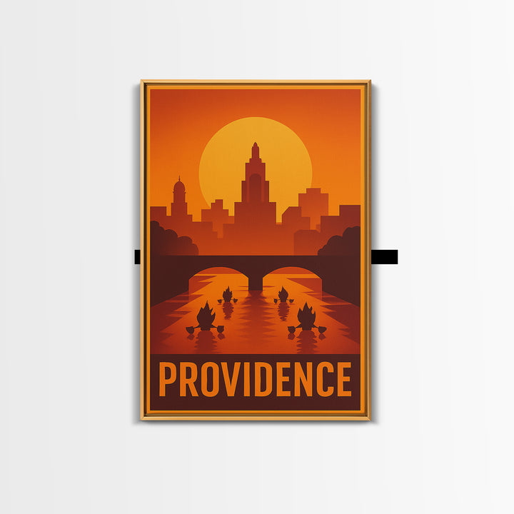 Providence Travel Poster, Framed Canvas Print, Warm Sunset Silhouette Art, Providence City Art, City Art Print, Mid Century Wall Art