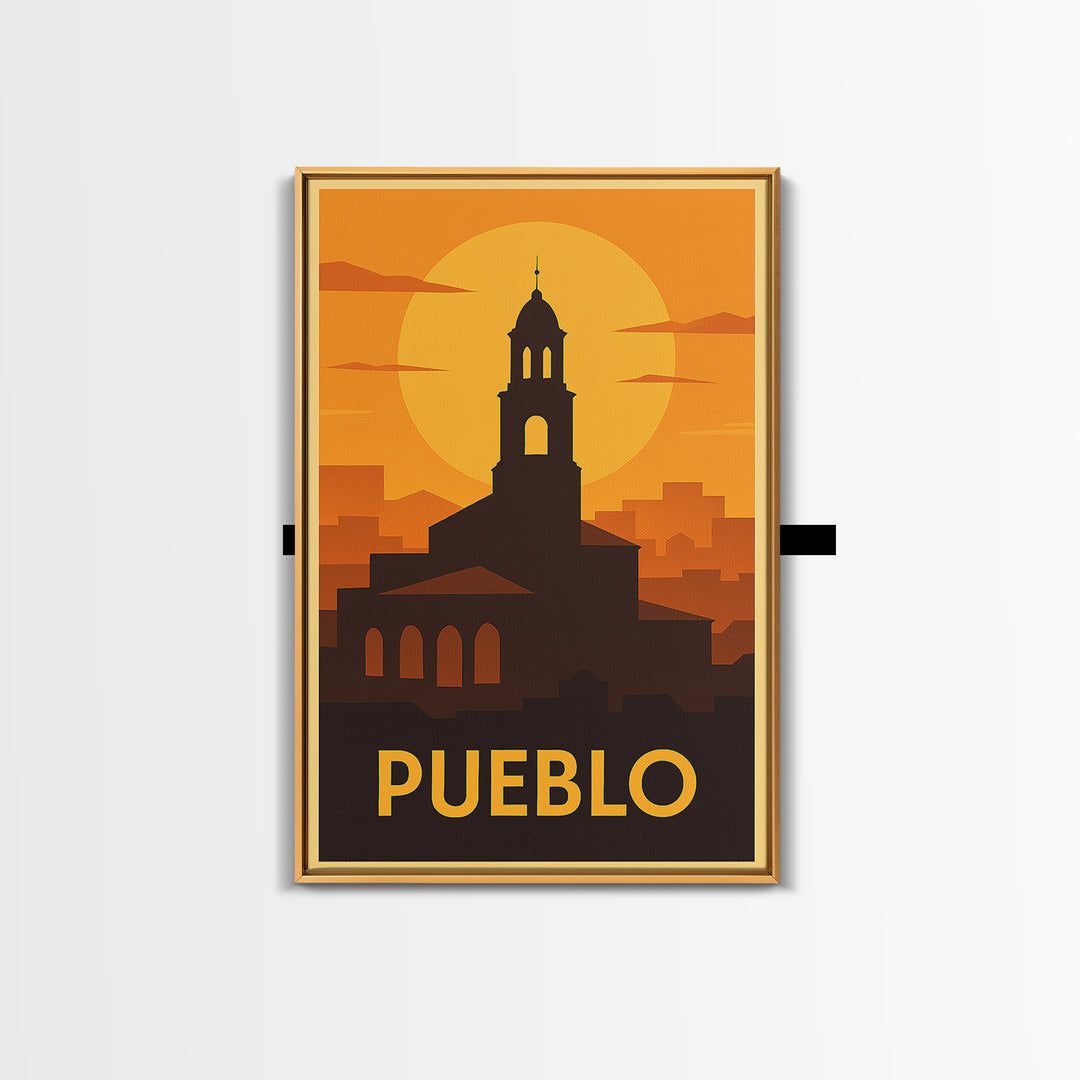 Pueblo Travel Poster, Framed Canvas Print, Gold Art Deco Poster Art, Pueblo City Art, Travel Wall Decor, Home Office Decor, Travel Print