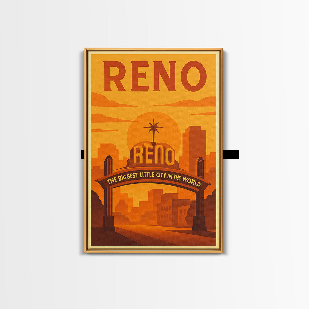 Reno Nevada Travel Poster, Canvas Print, Warm Sunset Silhouette Art, Reno Wall Art, City Art Print, Mid Century Wall Art, City Illustration
