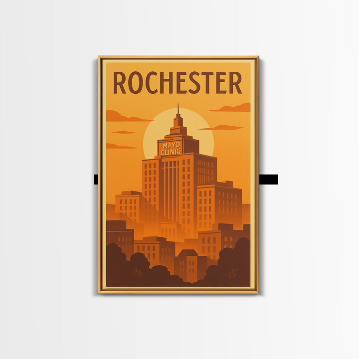 Rochester Travel Poster, Framed Canvas Print, Warm Sunset Silhouette Art, Rochester Art Print, Home Office Decor, Mid Century Wall Art