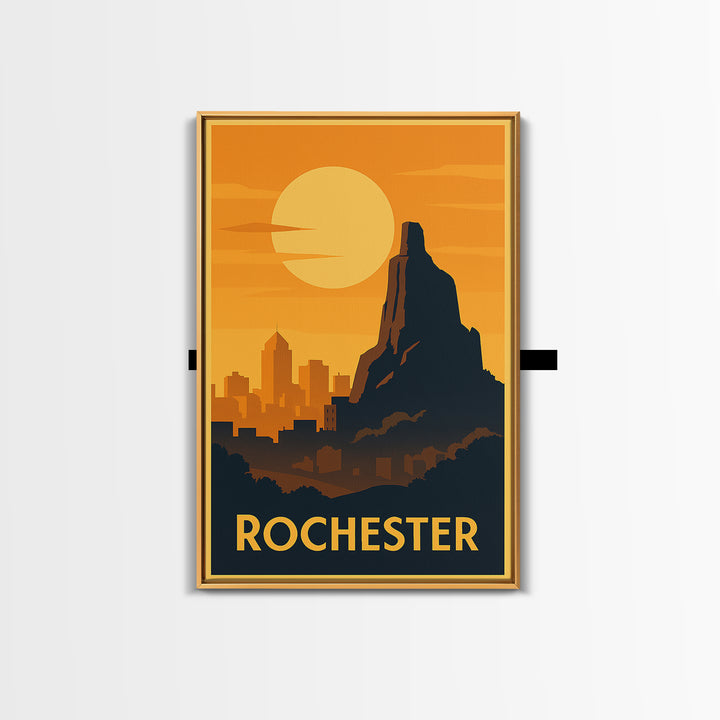 Rochester Travel Poster, Framed Canvas Print, Warm Sunset Silhouette Art, Rochester Travel Art, Living Room Wall Art, Vintage City Poster
