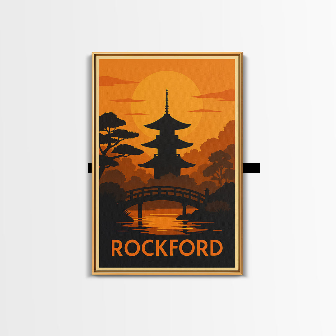 Rockford Travel Poster, Framed Canvas Print, Golden Travel Poster Art, Rockford City Art, Mid Century Wall Art, Travel Poster Set