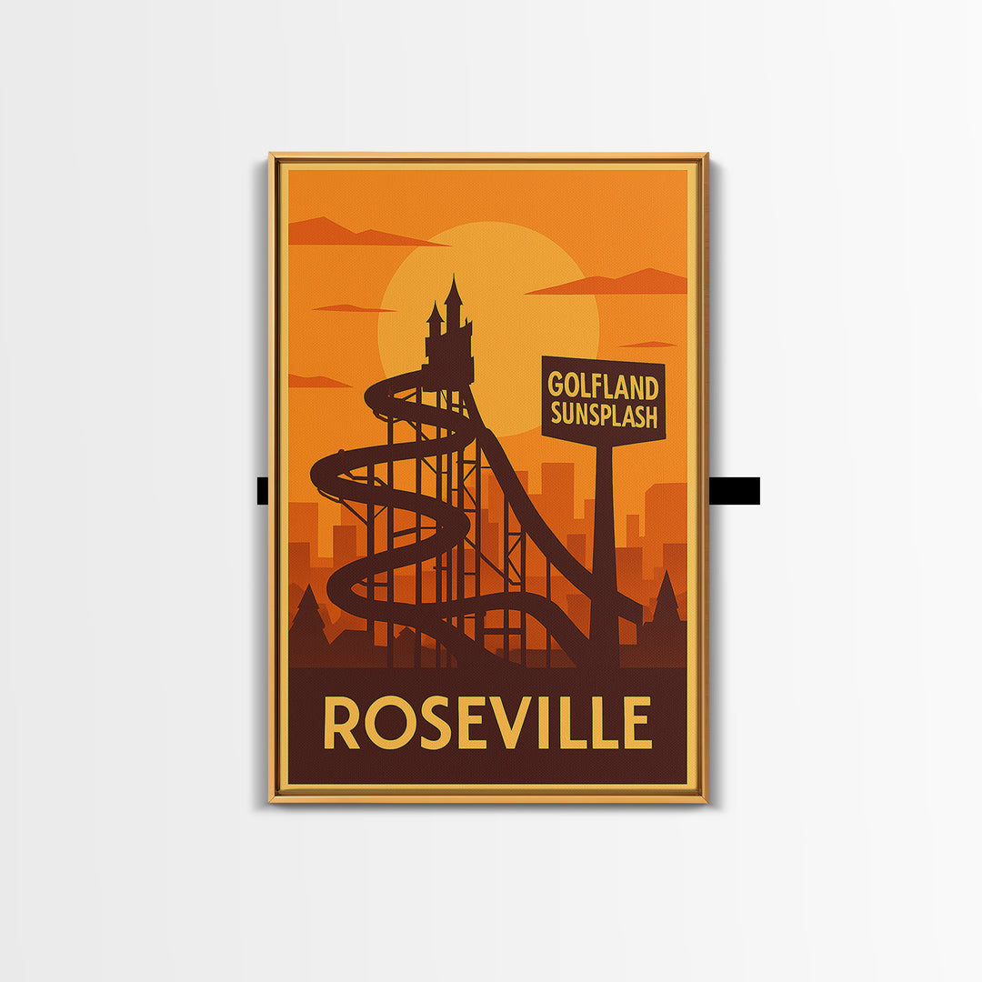 Roseville Travel Poster, Framed Canvas Print, Gold Art Deco Poster Art, Roseville Poster Print, Retro Travel Print, Vintage City Art