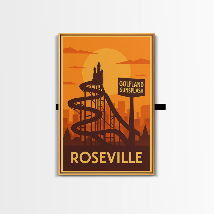 Roseville Travel Poster, Framed Canvas Print, Gold Art Deco Poster Art, Roseville Poster Print, Retro Travel Print, Vintage City Art