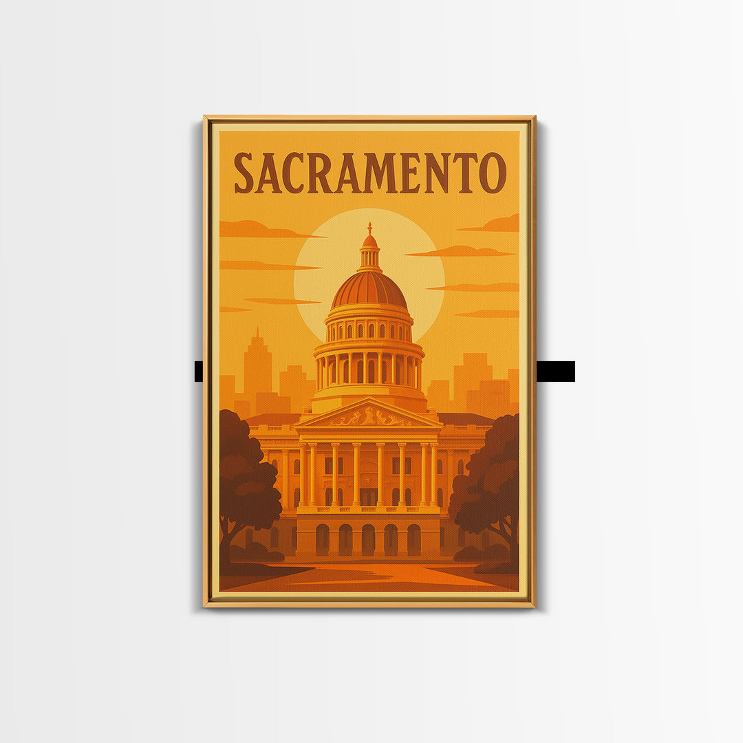 Sacramento California Travel Poster, Canvas Print, Golden Travel Poster Art, Sacramento Travel Art, Wall Art, Watercolor Downtown Skyline