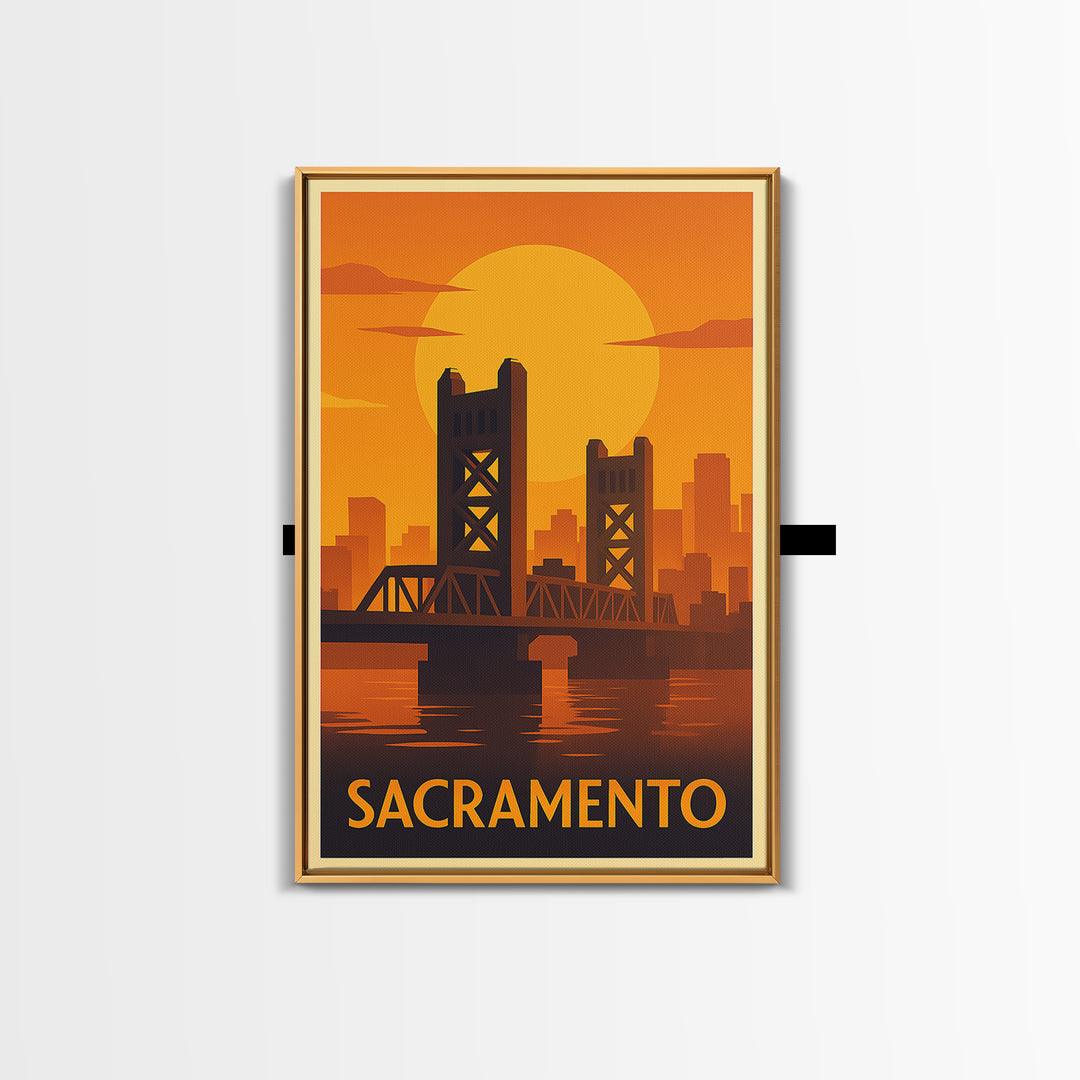 Sacramento Travel Poster, Framed Canvas Print, Warm Sunset Silhouette Art, Sacramento Art Print, City Travel Prints, Fine Art Print