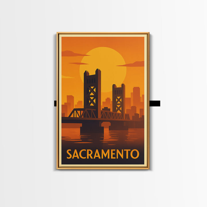 Sacramento Travel Poster, Framed Canvas Print, Warm Sunset Silhouette Art, Sacramento Art Print, City Travel Prints, Fine Art Print