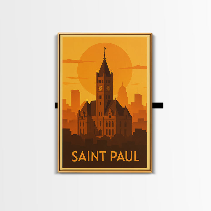 Saint Paul Travel Poster, Framed Canvas Print, Warm Sunset Silhouette Art, Saint Paul City Art, Travel Poster Set, Travel Poster Art