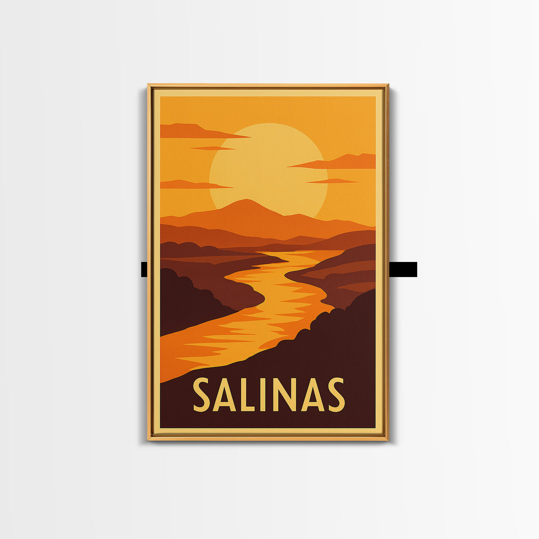 Salinas Travel Poster, Framed Canvas Print, Golden Travel Poster Art, Salinas Poster Print, City Illustration, Vintage City Art